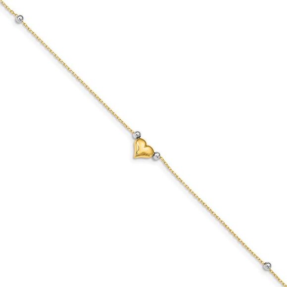 14k Yellow and White Gold Puffed Heart and Bead Anklet, 10 Inch - Picture 1 of 5
